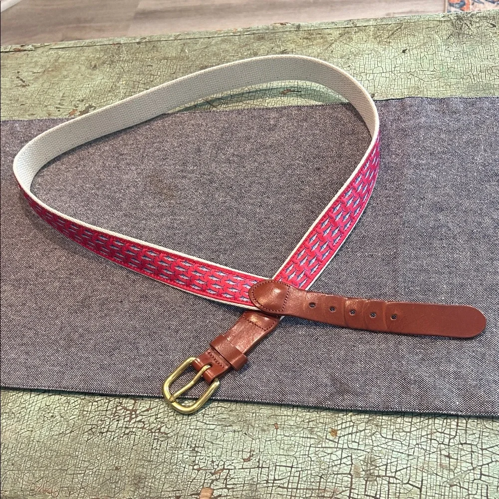 Leather Man LTD Woven Ribbon Belt Red & Blue Geometric Pattern Sz44 Brass Buckle